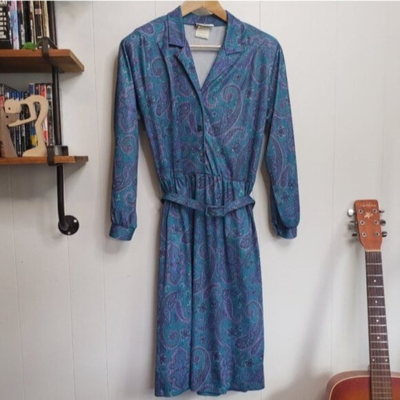 Vintage 70s 80s Secretary Office Midi Dress Blue Paisley Career Boho MCM… - Picture 13 of 13